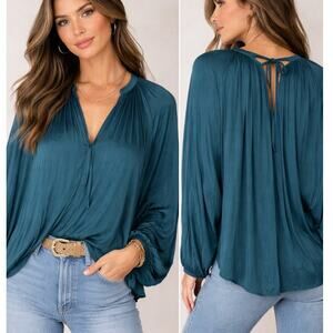 Ramy Brook Satin Poets Blouse Teal Green Blue Oversized XS Quiet Luxury Boho